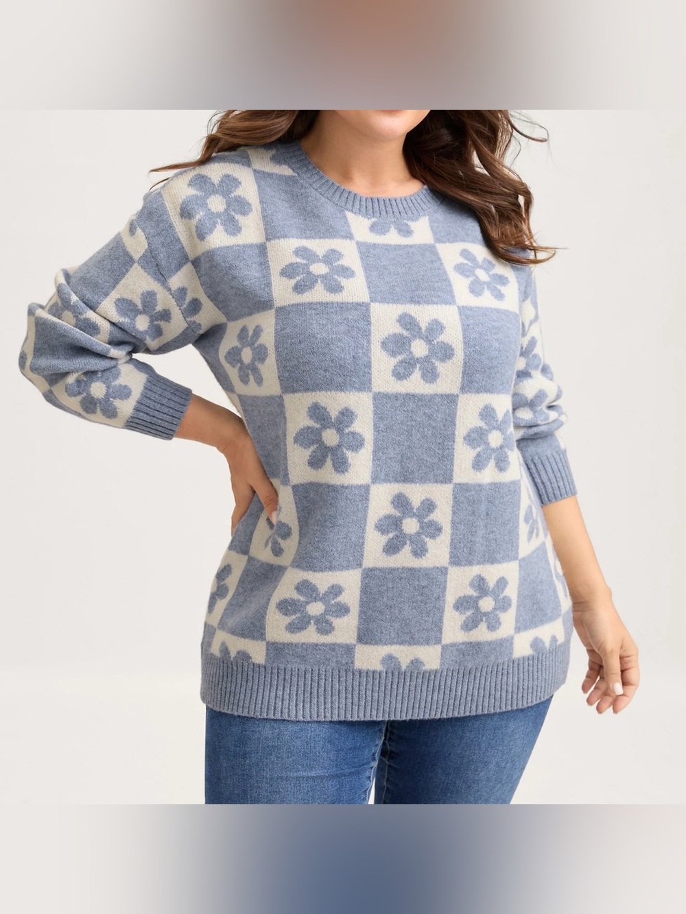 NWT BloomChic Blue Floral Checkered Oversized Knit Sweater US 14-16